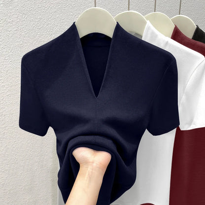 Premium Quality Short Sleeve V-Neck T-Shirt Women's Fashion Shoulder Design Versatile Base Shirt Summer Wear Comfortable Fit