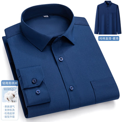 New In Tops Pure Cotton Men's Long Sleeve Business Social Plain Shirts Fashion Single Pocket Casual Slim Fit Solid Color Blouses