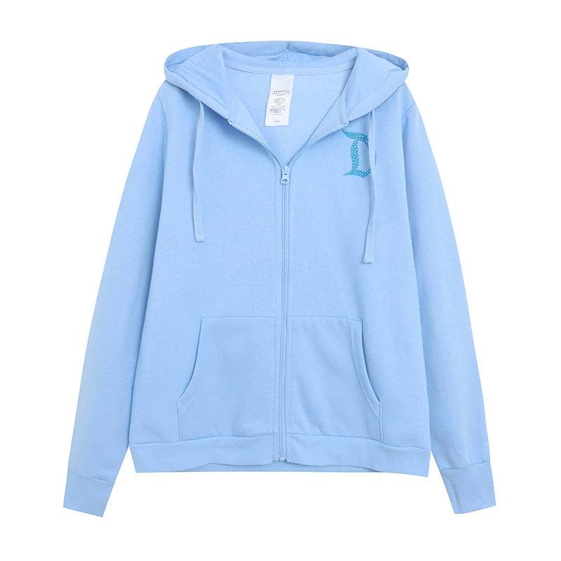 Loose Fit Fleece Lined Zipper Hoodie Women's Cartoon Anime Letter Embroidery Slimming Outerwear Comfortable Spring Cardigan