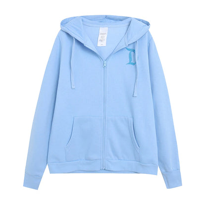 Loose Fit Fleece Lined Zipper Hoodie Women's Cartoon Anime Letter Embroidery Slimming Outerwear Comfortable Spring Cardigan