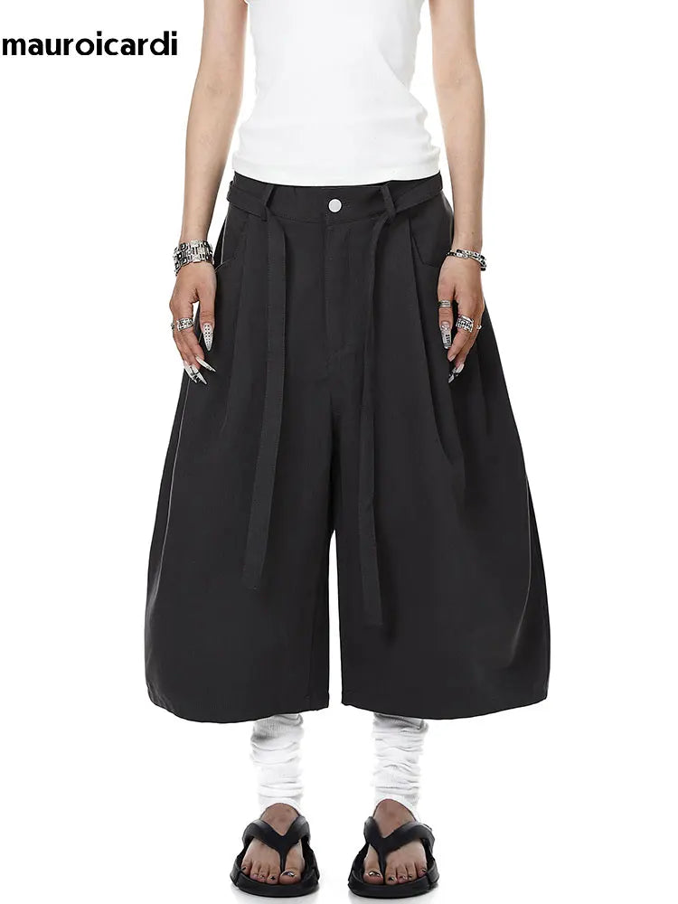 Mauroicardi Spring Summer Loose Soft Baggy Black Scimitar Wide Leg Shorts for Men High Waist Sashes Knee Length Pants Clothes