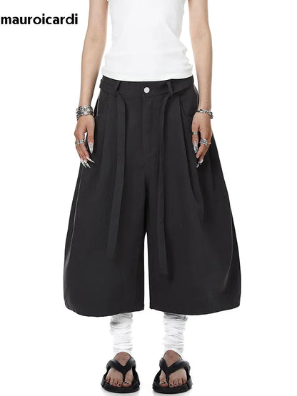 Mauroicardi Spring Summer Loose Soft Baggy Black Scimitar Wide Leg Shorts for Men High Waist Sashes Knee Length Pants Clothes