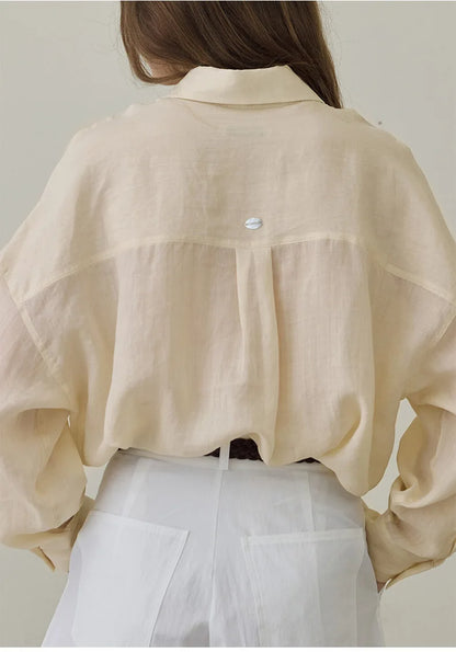 100% Ramie Thin Breathable Women Shirt Chic French Lapel Single-Breasted Cardigan Ladies Loose Simple Long-Sleeved Shirts