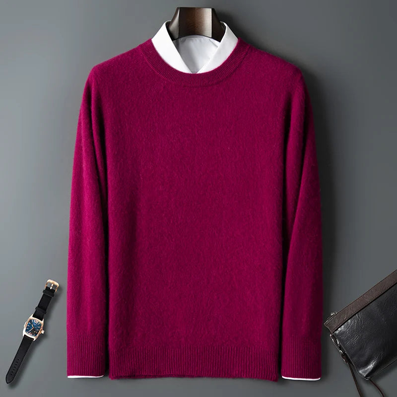 100% Pure Mink Cashmere Men's Round Neck Sweater For Autumn Winter, Casual Knitted Long Sleeved Pullover Sweater Men's Clothng