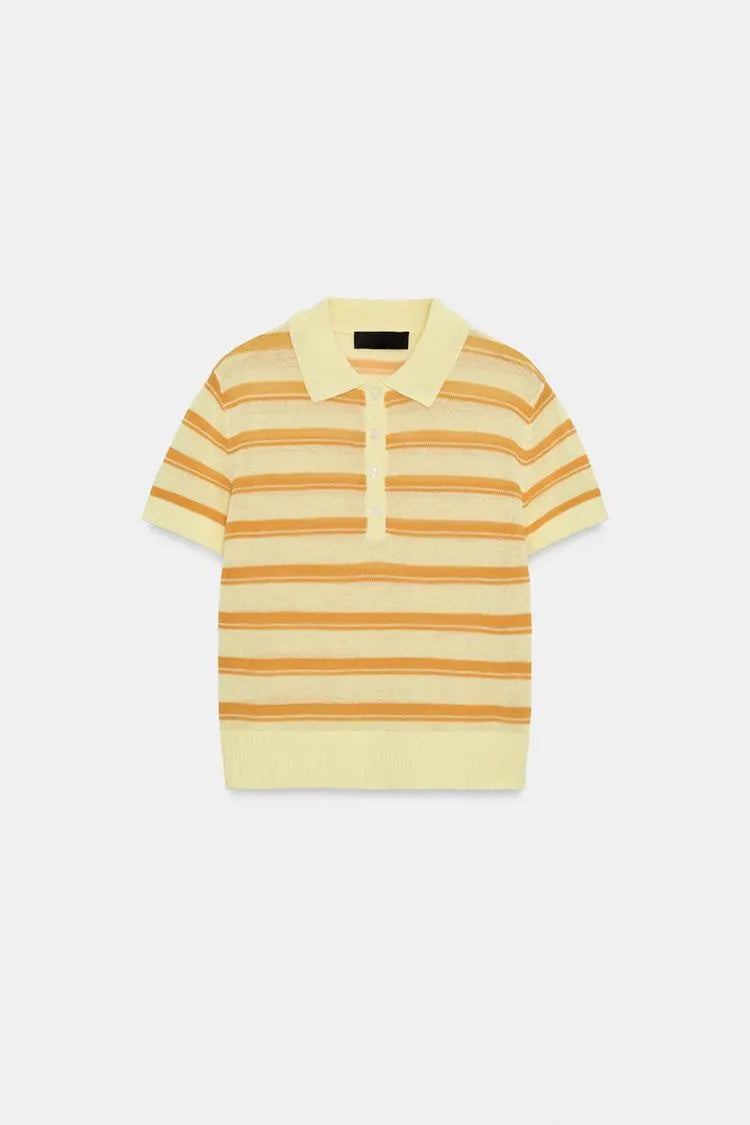 Summer New Women's Casual Style Button Decorated Striped Short Sleeve  Neck Knitted Sweater Loose Fit Classic Pattern Pol...