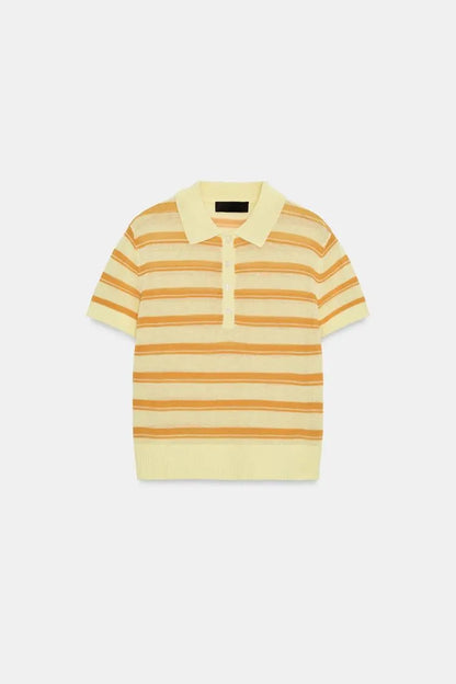 Summer New Women's Casual Style Button Decorated Striped Short Sleeve  Neck Knitted Sweater Loose Fit Classic Pattern Pol...