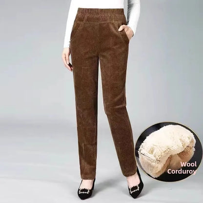 Thickened Fleece Corduroy Pants High Waist Harlan Style Winter 2024 New Women's Casual Trousers Elastic Waist Pocket Detail
