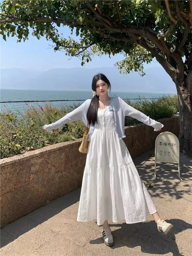 Slimming White Strapless Long Dress Simple French Style A-Line Midi Dress Women's Summer Fashion Sensation Waist-Cinching Dress