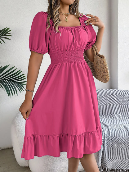 2024 New Fashion Solid Puff Sleeve Square Neck Ruched Bust Ruffle Hem Wasit Dress, Women's Clothing