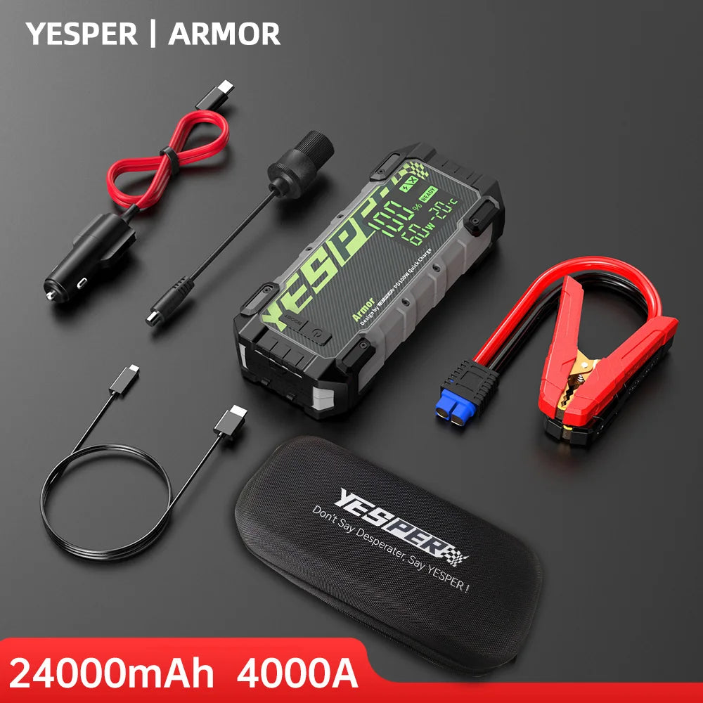 YESPER 4000A Heavy Duty Jump Starter for Diesel Truck SUV – 24000mAh PD 100W Power Bank, Starts 10L Gas Diesel, 3 Mode Light