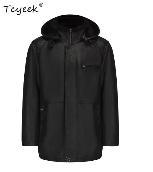 Tcyeek Natural Sheepskin Fur Winter Coat Genuine Leather Jacket Men Clothes Motocycle Jackets Mens Coats Hoodie Куртка Мужская