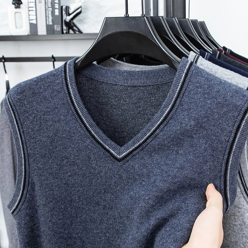 Autumn and Winter Solid Color Knitted V-neck Tank Top Men's Sleeveless Tank Top Warm Tank Top Middle Aged Shoulder Sweater