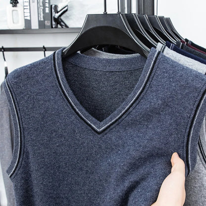 Autumn and Winter Solid Color Knitted V-neck Tank Top Men's Sleeveless Tank Top Warm Tank Top Middle Aged Shoulder Sweater