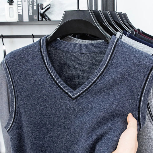 Autumn and Winter Solid Color Knitted V-neck Tank Top Men's Sleeveless Tank Top Warm Tank Top Middle Aged Shoulder Sweater