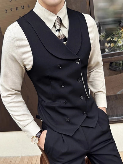 British Style Men's Business Double Row Button Suit Vest Casual Slimming Wedding Best Man Clothes Fashionable Plain Color