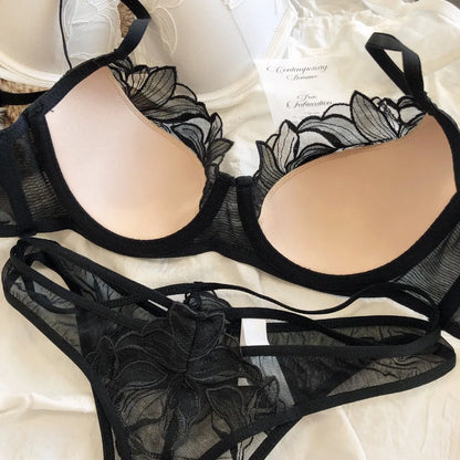 2 Pcs Sexy Lace Flowers Embroidery Underwear Set for Women Thin Cup Push Up Bra French Hollow Waist Bandage Thongs Lingerie Set