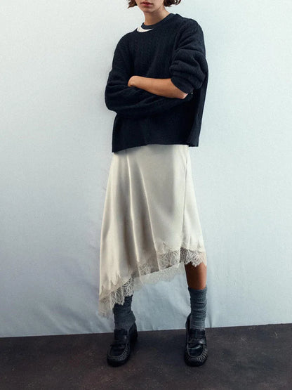 Winter New Arrival Women's Simple Versatile Mid-Waist Lace Trim Silk Satin Skirt Elegant Ethnic Stage Costume