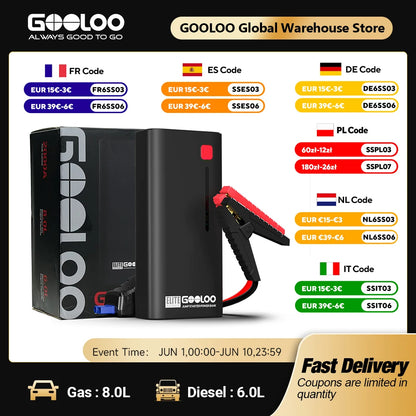 GOOLOO 12V Automotive Car Starting Device 48.84Wh Powerbank External Battery Booster 2000A Super Capacity Motorcycle Jump Start