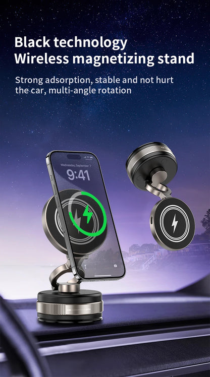 Folding 15W wireless charging car phone holder vacuum suction 360 ° rotating magnetic support bracket