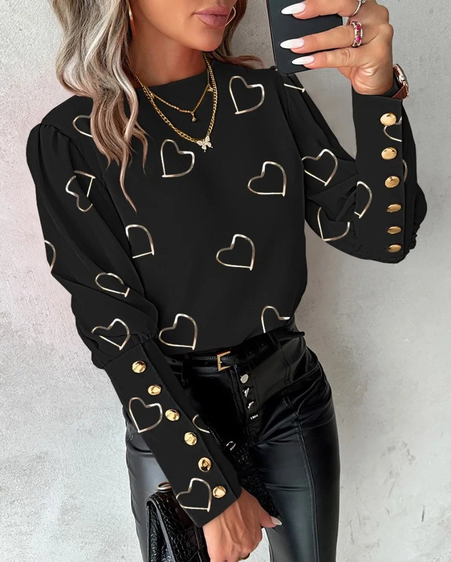 Fashion Long Sleeved Button Printed Blouse T Shirt Women's Spring Autumn Simple Pullover Top