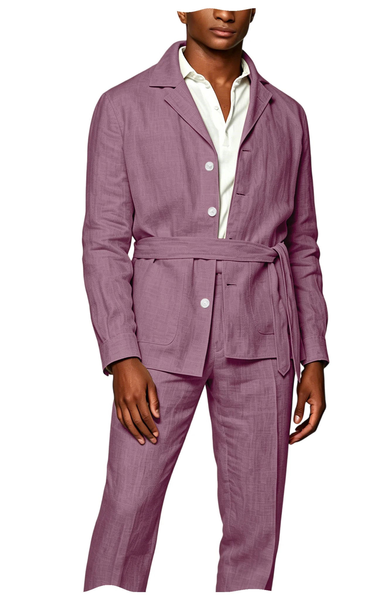 Men's Linen Belted Suit 2 Piece Set Casual Breathable Blazer & Pants Summer Lightweight Business Casual Outfit for Wedding Beach