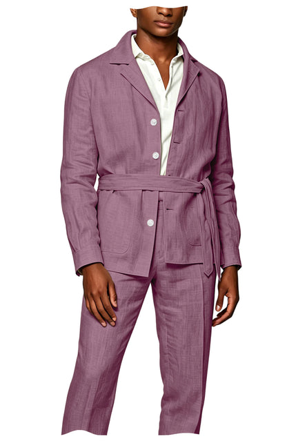 Men's Linen Belted Suit 2 Piece Set Casual Breathable Blazer & Pants Summer Lightweight Business Casual Outfit for Wedding Beach