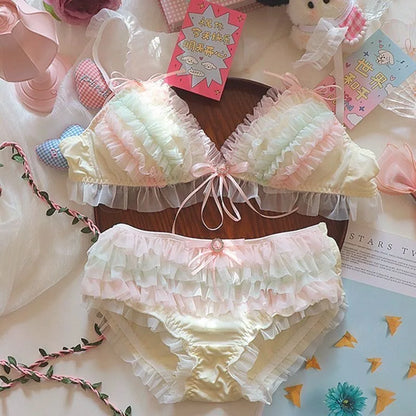 Japan Style Cream Ice Cream Bra Set Wireless Lace Trim Sweet Teen Girl Heart Cake Layer Soft Sexy Daily Lingerie Hot New Trend