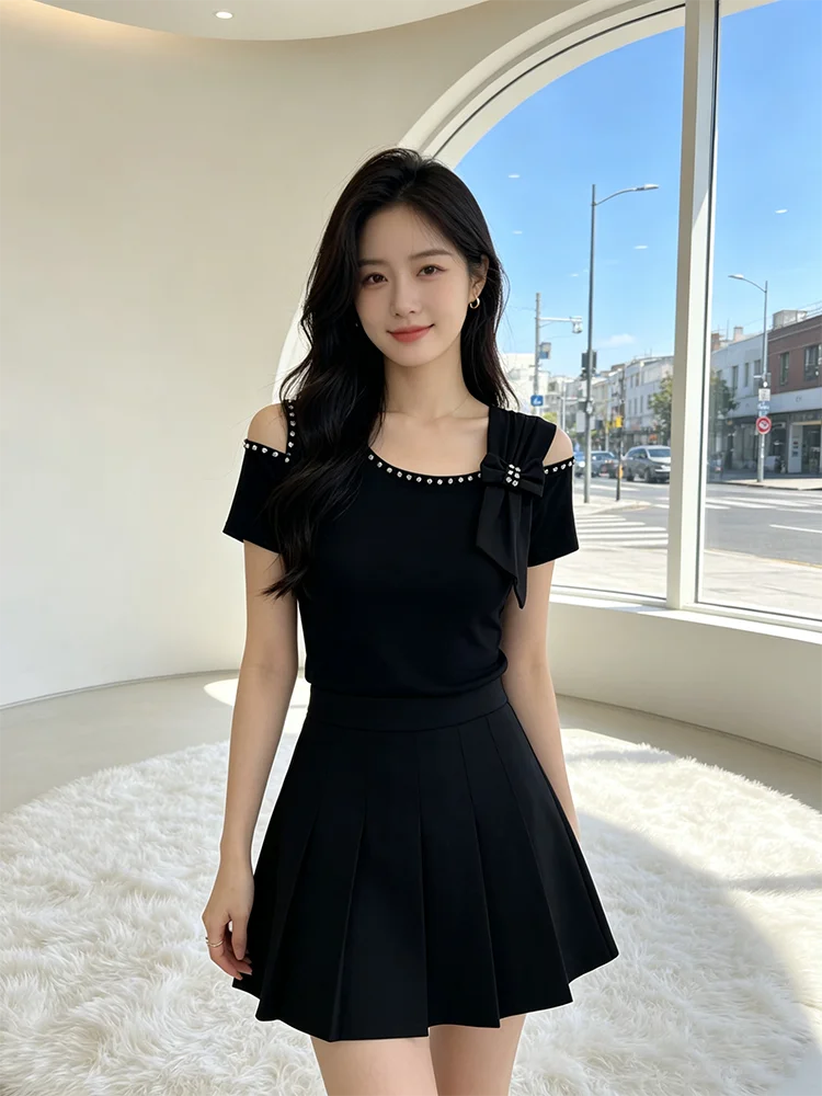 Summer New Off Shoulder Short sleeved T-shirt Korean Fashion Diamond Tops Slim Style Bowknot Women Shirt