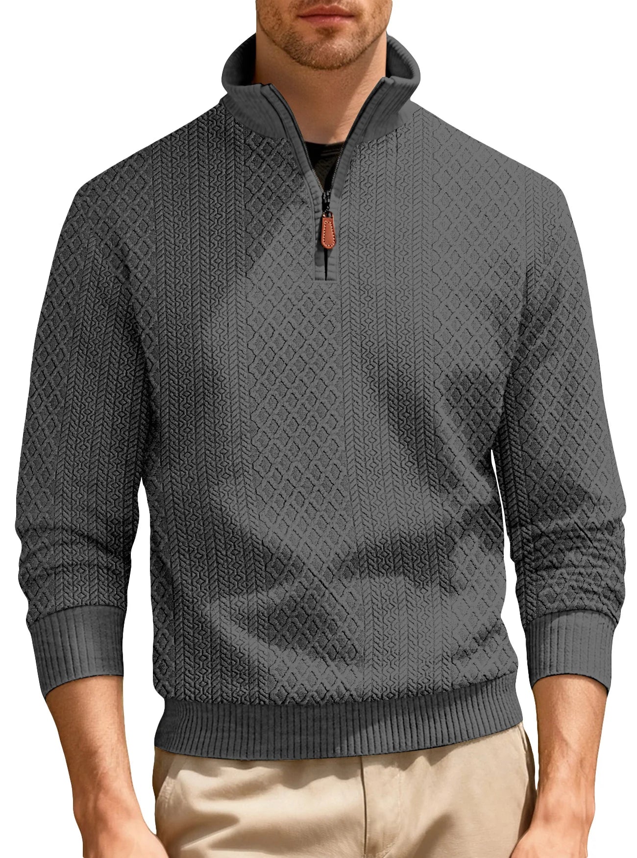 Men's Half Zip Knit Pullover Stand Collar Textured Sweatshirt Casual Top 2026