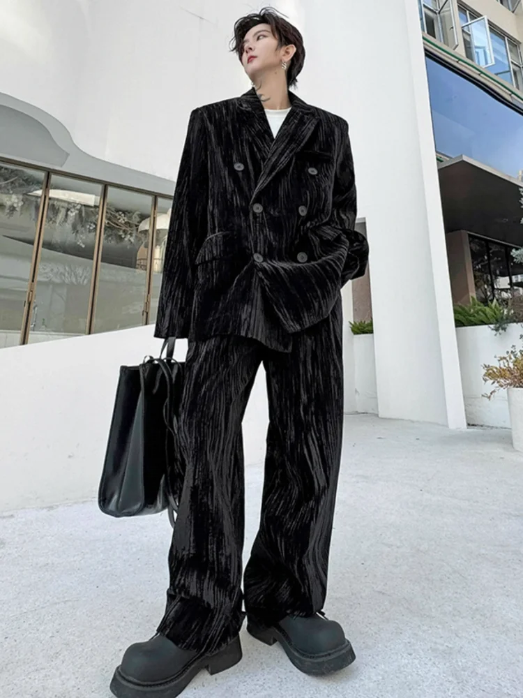 Mens Loose Fit Velvet Suit Set Red Double Breasted Blazer Jacket Pants Two Piece Set Spring New Banquet Party Suits Matching Set
