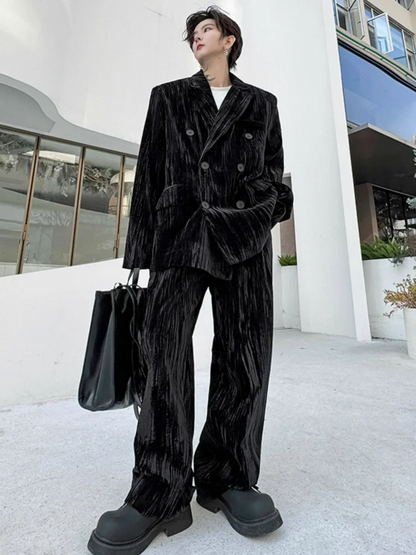 Mens Loose Fit Velvet Suit Set Red Double Breasted Blazer Jacket Pants Two Piece Set Spring New Banquet Party Suits Matching Set