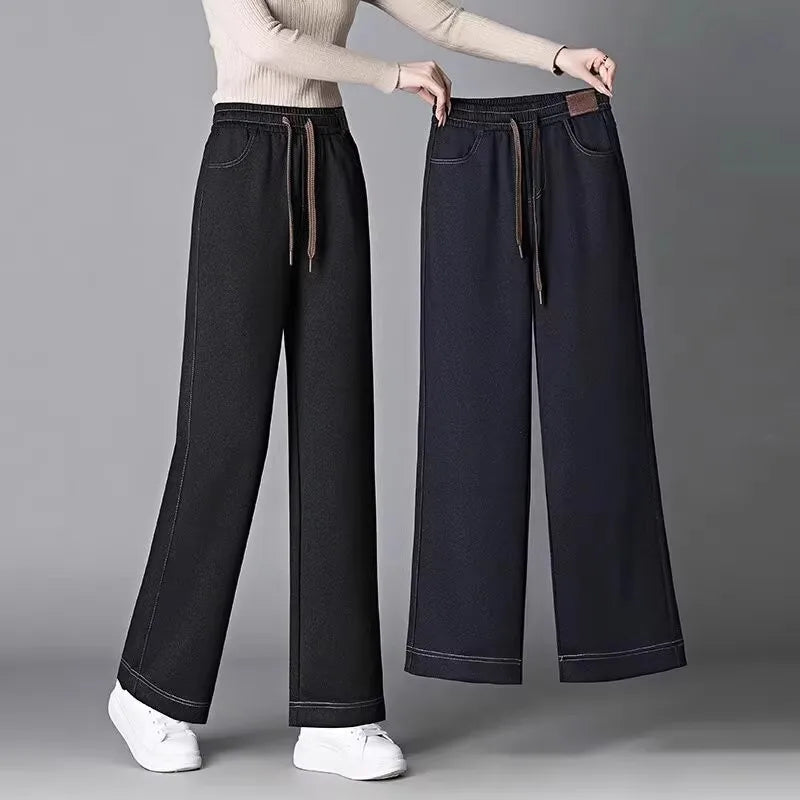 High Waist Thickened Fleece Lined Wide Leg Jeans Women's Casual Straight Cut Trousers Autumn Winter New Style Slimming Effect