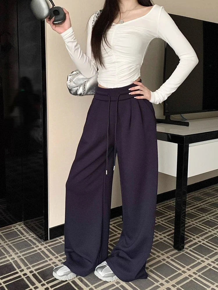 High Waist Wide Leg Sport Pants Women Loose Lazy Style Spring Autumn Casual Straight Long Trousers Comfortable High Waist