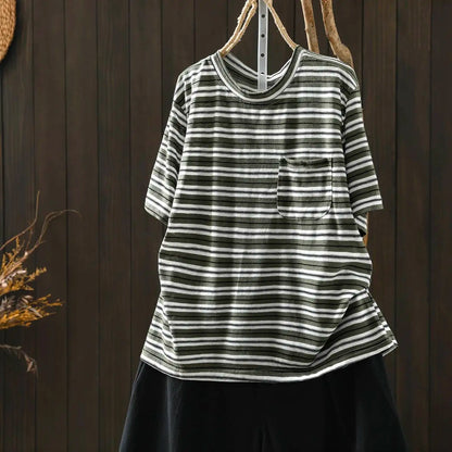 Women Summer Short-sleeve T-shirt 2026 Summer New Stylish Striped Single-pocket Loose T-shirt ZXY154