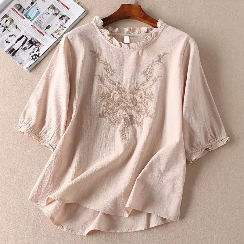 Fashion Thin Cotton Linen Y2k Tops Tee Women Clothing Summer Loose T Shirts Woman Embroidered T-shirt Blusa Casual Ladies tshirt
