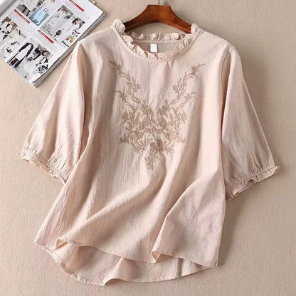 Fashion Thin Cotton Linen Y2k Tops Tee Women Clothing Summer Loose T Shirts Woman Embroidered T-shirt Blusa Casual Ladies tshirt
