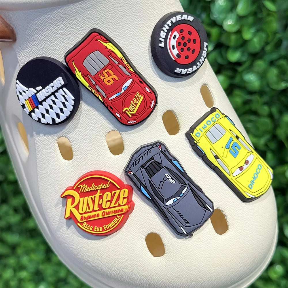 MIX 6pcs Motorsport Inspired Fall F/W PVC Shoes Charms Miniso Cars Slippers Buckle Decorations Fit Boys Birthday Xmas Gifts