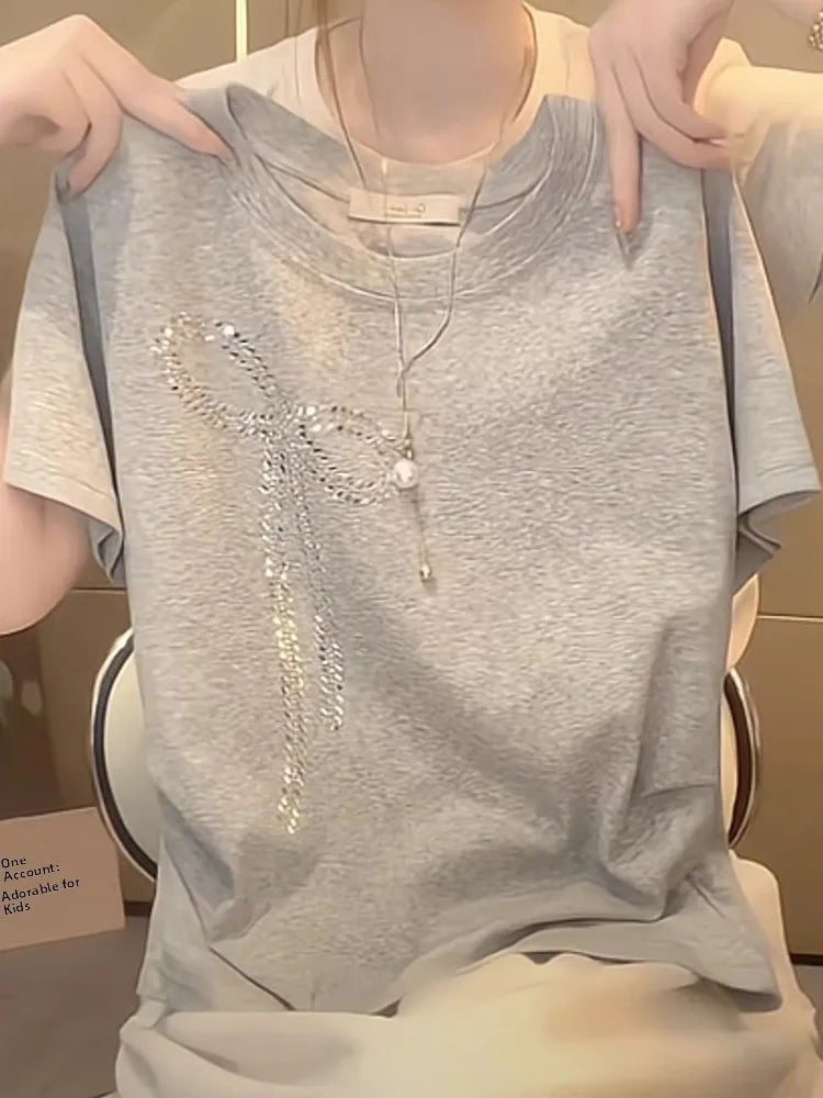 Elegant round Neck Short Sleeve T-Shirt Women's Summer New Style  Knot Rhinestone Embellished Slimming Chinese Design