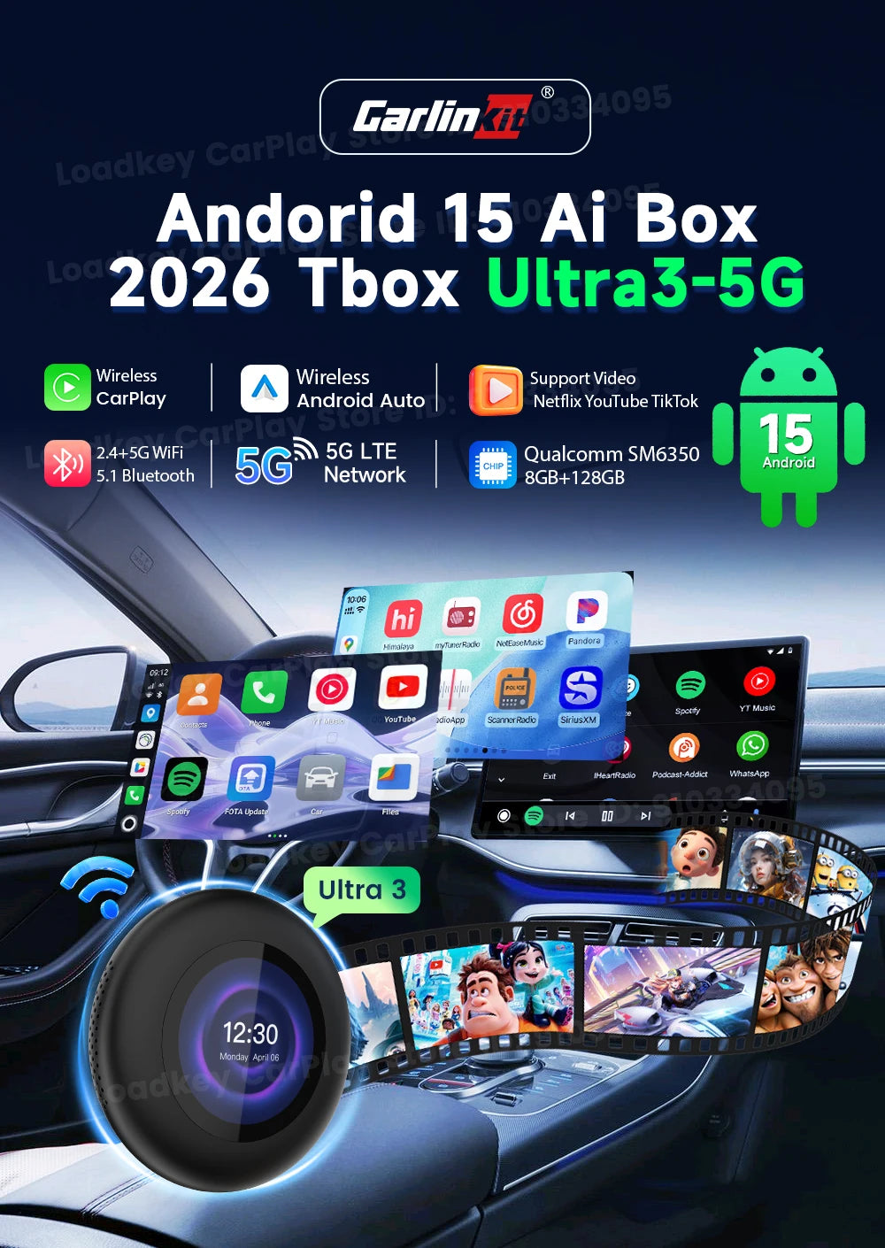 Carlinkit Ultra3 Android Tv Box Android 15 Wireless Carplay Adapter QCM6350 Smart Car Ai Box Carplay For Netflix Youtube 5G LTE