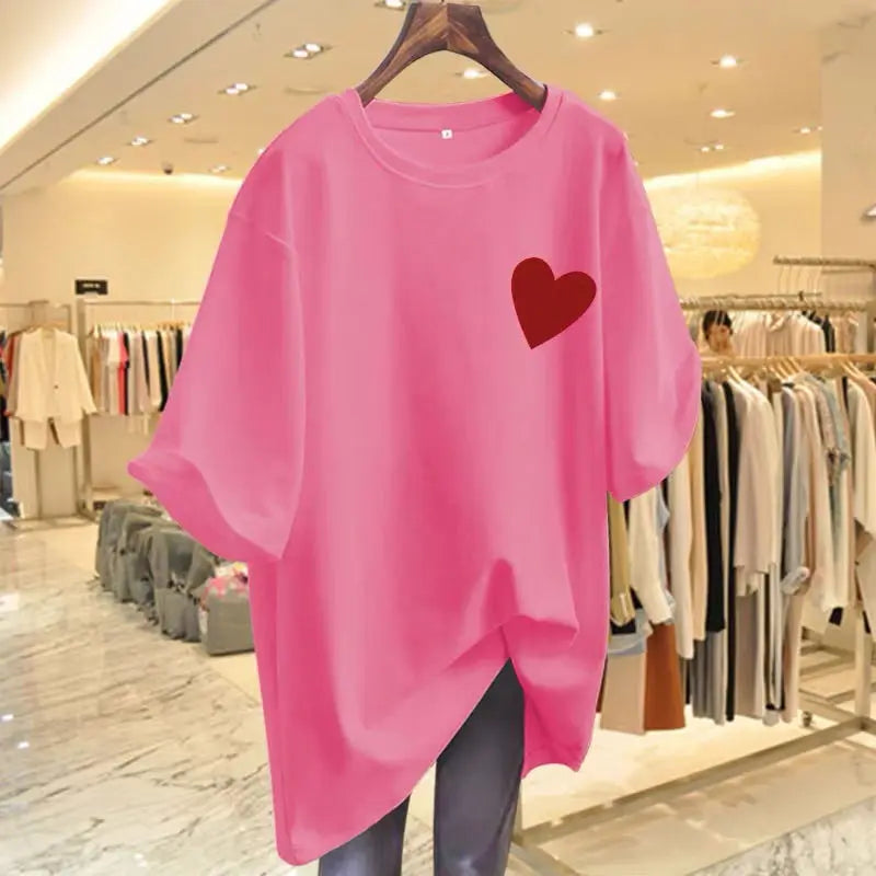 Women Fashion Pure Cotton Love Printing T-shirts Summer Casual Versatile O-neck Short Sleeve Top Tee Office Lady Basic Pullovers