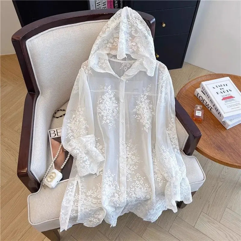 Elegant Thin Lace Hat Shirt Women's Loose Fit Summer 2025 plus Size Slimming Korean Style Long Sleeve Button up