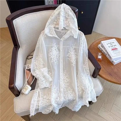 Elegant Thin Lace Hat Shirt Women's Loose Fit Summer 2025 plus Size Slimming Korean Style Long Sleeve Button up
