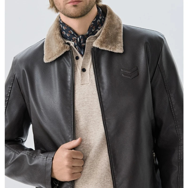 Men's Premium Faux Fur-Lined Leather Jacket - Black Winter Coat Thickened Warm Lining Business Casual Style M-7XL