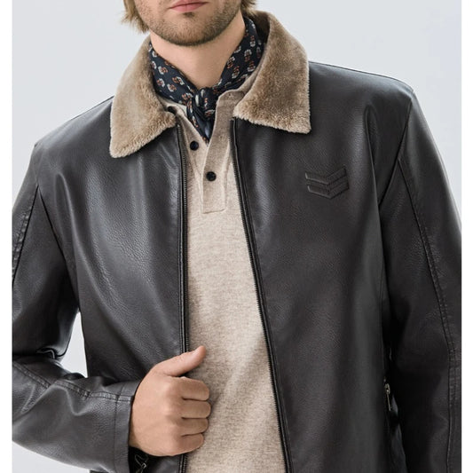 Men's Premium Faux Fur-Lined Leather Jacket - Black Winter Coat Thickened Warm Lining Business Casual Style M-7XL