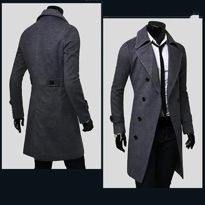Mens Double Breasted Trench Coat Wool Blend 2025 Autumn Winter Solid Casual Slim Fit Long Jacket Wool Coat Fashion Mens Clothing