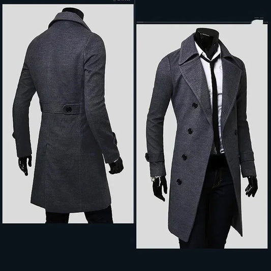 Mens Double Breasted Trench Coat Wool Blend 2025 Autumn Winter Solid Casual Slim Fit Long Jacket Wool Coat Fashion Mens Clothing