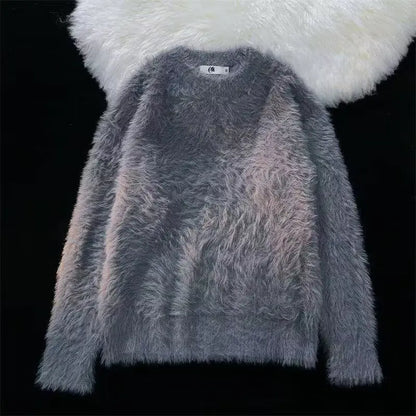 Winter Fur-like Soft Pure Color Sweater with High-end Feel, Long Sleeve, Round Neck, Knitwear, and Knitted Garment for Men and W