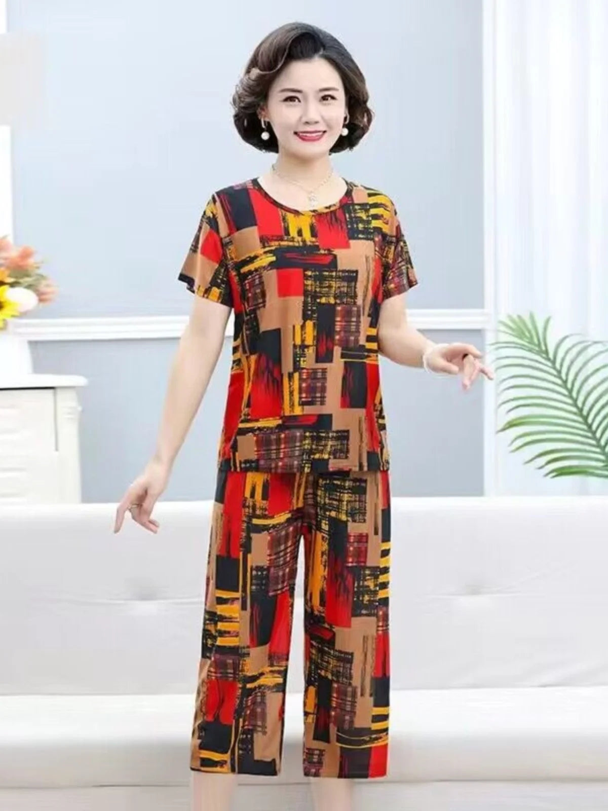 Large Size Ice Silk Summer Outfit Casual Short Sleeve Seven-Foot Pants Set Thin Women's Clothing Two-Piece Set Retro Pattern ...