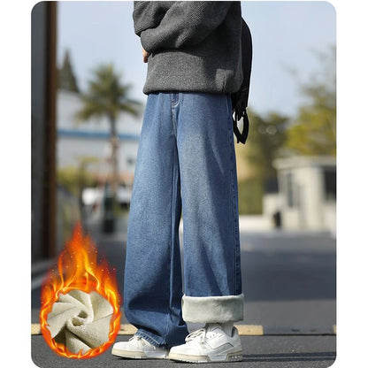 Hot Sale Men Snow Warm Plush Fleece Jeans Male Classic Loose Straight Leg Denim Pants Fashion Versatile Thickened Warm Trousers