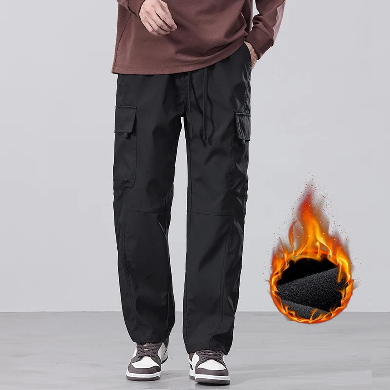 Men's Fleece Cargo Pants Winter Fashion Casual Pants Large Pockets Loose Velvet Trousers Male Plush Thickened Warm Pants